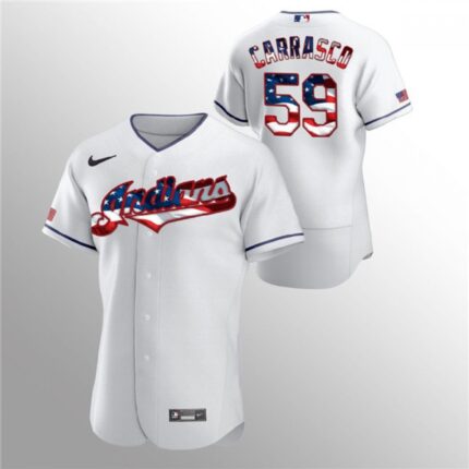 Men's Cleveland indians #59 Carlos Carrasco White 2020 Stars & Stripes Flex Base Stitched Jersey