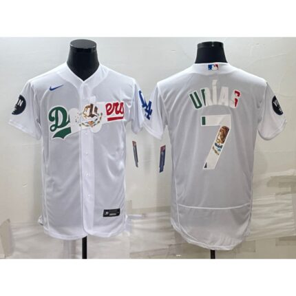 Men's Los Angeles Dodgers #7 Julio Urias White With Vin Scully Patch Flex Base Stitched Baseball Jersey
