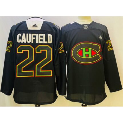 Men's Montreal Canadiens #22 Cole Caufield 2022 Black Warm Up History Night  Stitched Jersey