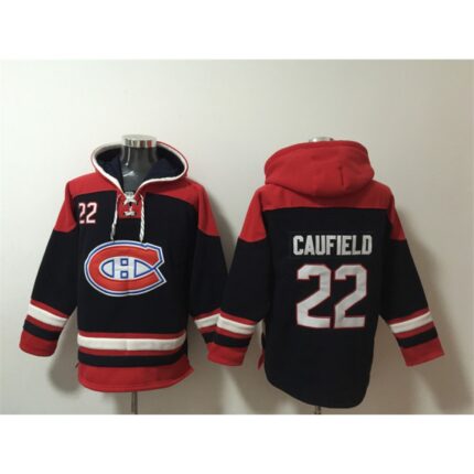 Men's Montreal Canadiens #22 Cole Caufield Navy/Red  Lace-Up Pullover Hoodie