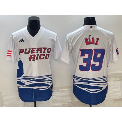 Men's Puerto Rico Baseball #39 Edwin Diaz 2023 White World Baseball Classic Stitched Jersey