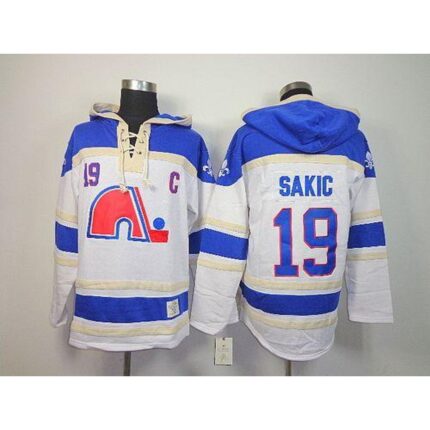 Nordiques #19 Joe Sakic White Sawyer Hooded Sweatshirt Stitched NHL Jersey