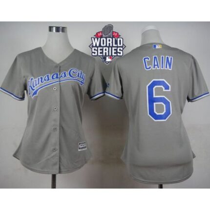Royals #6 Lorenzo Cain Grey Road W/2015 World Series Patch Women's Stitched MLB Jersey