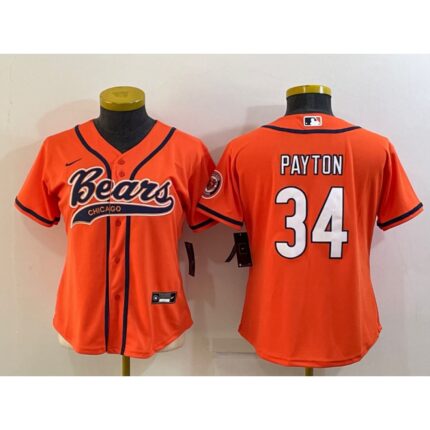 Women's Chicago Bears #34 Walter Payton Orange With Patch Cool Base Stitched Baseball Jersey(Run Small)