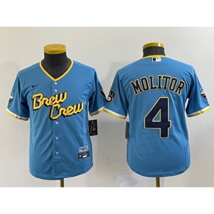Women's Milwaukee Brewers #4 Paul Molitor 2022 Powder Blue City Connect Cool Base Stitched Jersey(Run Small)
